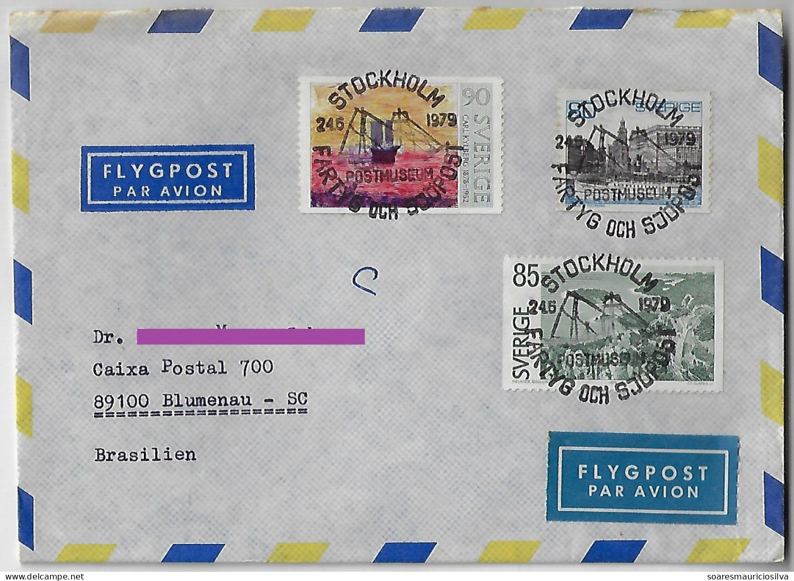 Sweden 1979 Airmail Cover Sent From Stockholm To Blumenau Brazil 3 Stamp + Commemorative Cancel Ship And Seamail - Lettres & Documents