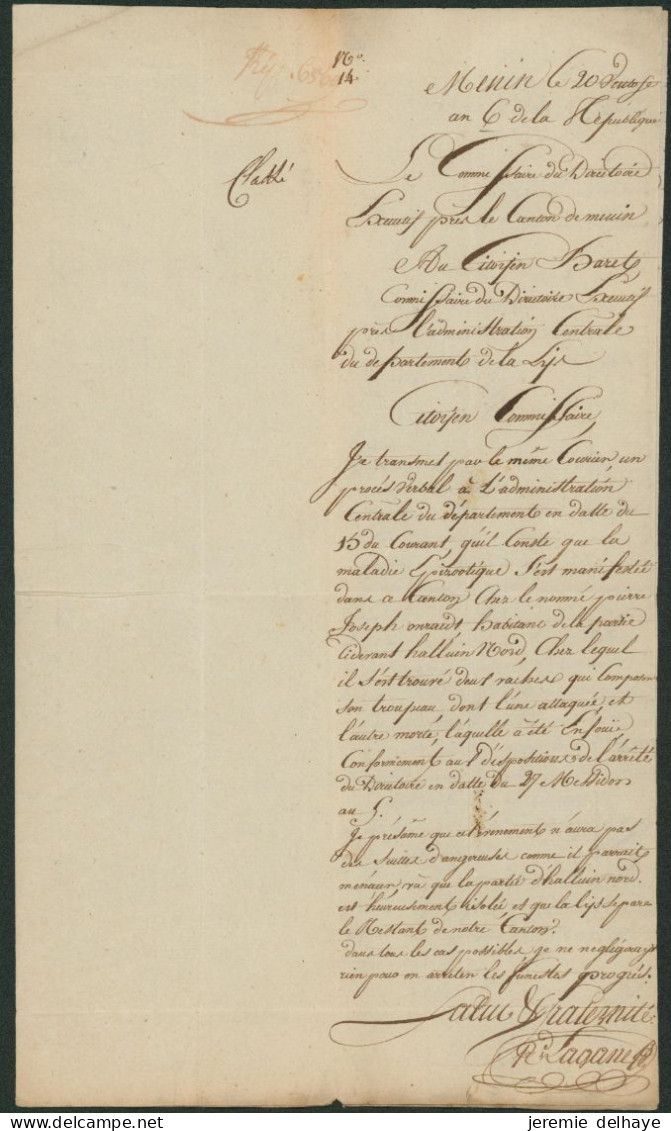 Précurseur - LAC Daté De Menin (1798) + Obl Linéaire 91 / Menin (commissaire Du Canton De Menin) > Bruges - 1794-1814 (Periodo Frances)