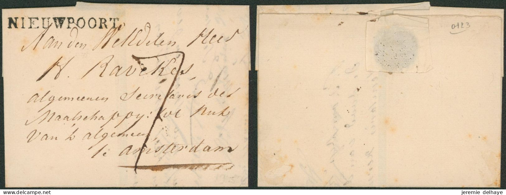 Précurseur - LAC Non Datée + Obl Linéaire Noir NIEUWPOORT (environs 1819), Port 7 Décimes > Amsterdam - 1815-1830 (Holländische Periode)