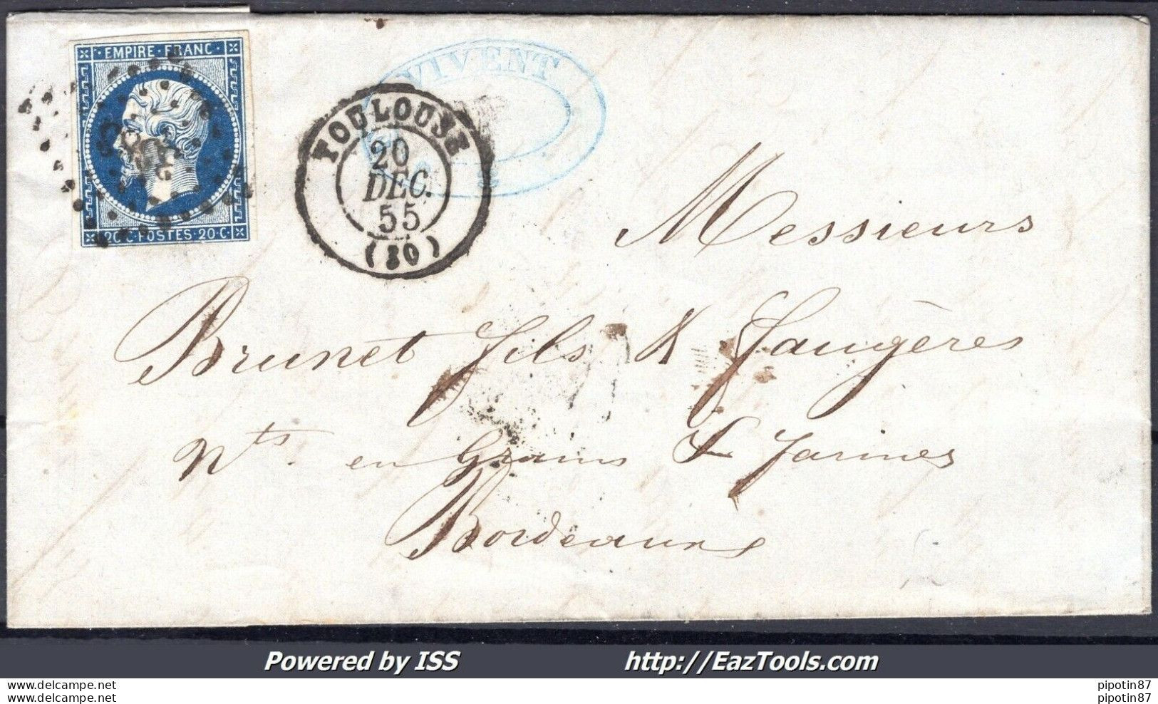 FRANCE BLEU FONCÉ N°14Aa SUR LETTRE PC 3383 TOULOUSE HAUTE GARONNE DU 20/12/1855 - 1853-1860 Napoléon III