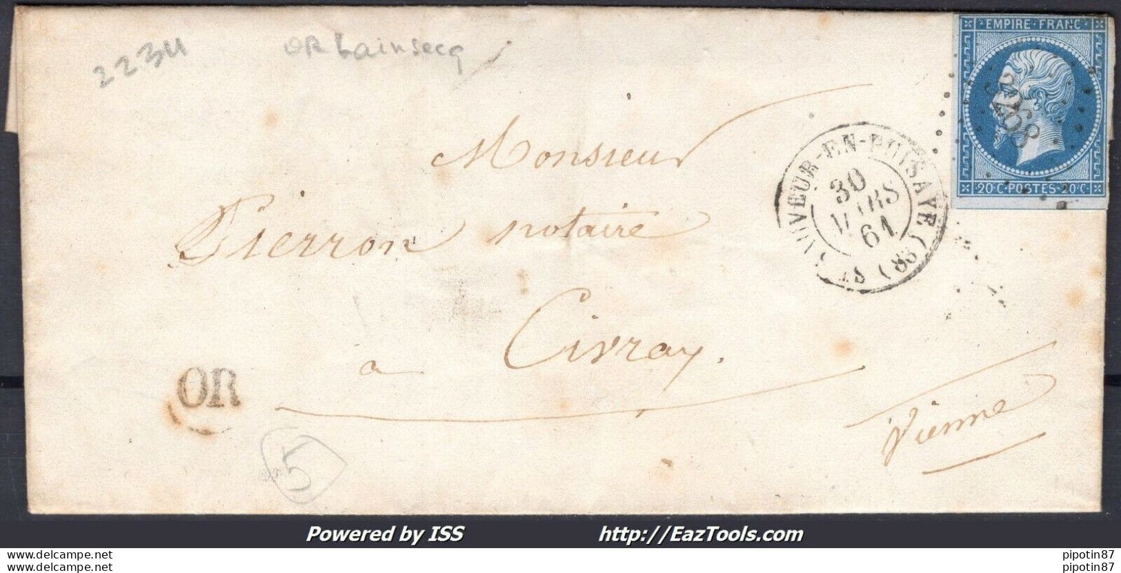 FRANCE N°14B SUR LETTRE PC 3268 ST SAUVEUR EN PUISAYE YONNE DU 30/03/1861 - 1853-1860 Napoléon III.