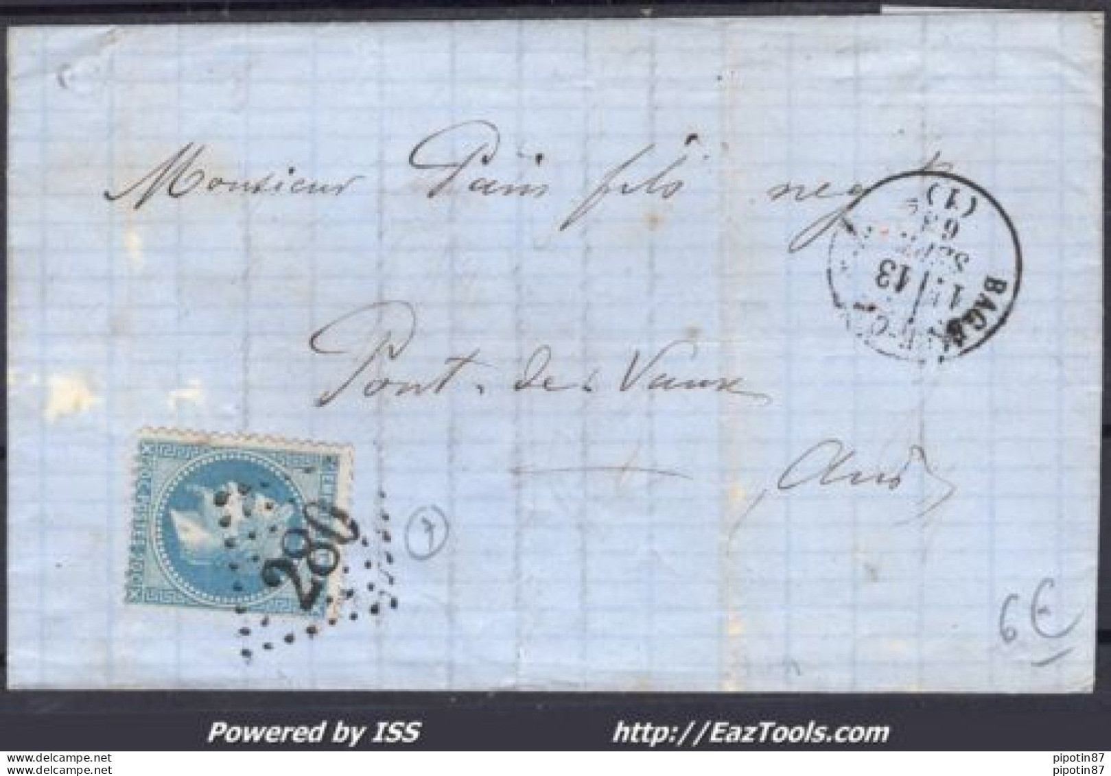 FRANCE N°29A SUR LETTRE GC 280 BAGÉ LE CHATEL AIN + CAD DU 13/09/1868 - 1863-1870 Napoleon III With Laurels