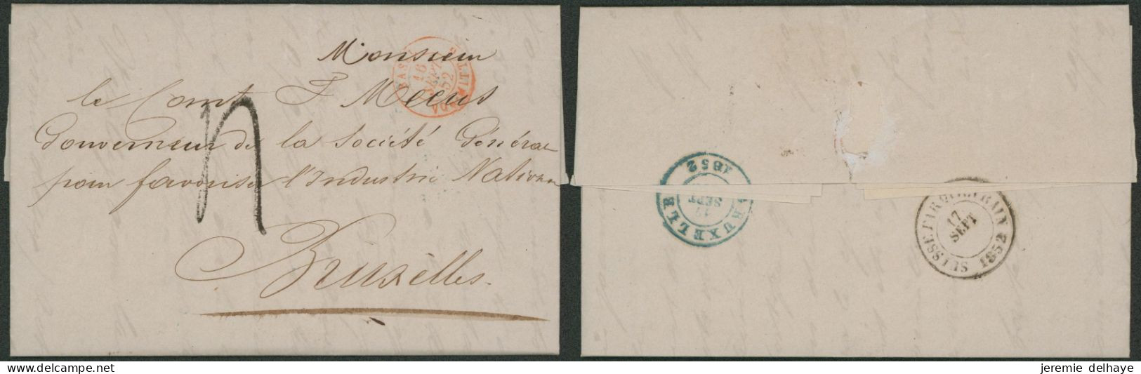 LAC Non Affranchie Datée De Bâle (Suisse), Port "4" > Bruxelles (M. Le Comte J.Meeus, 1852) + Passage "Suisse Par Quiévr - Landelijks Post