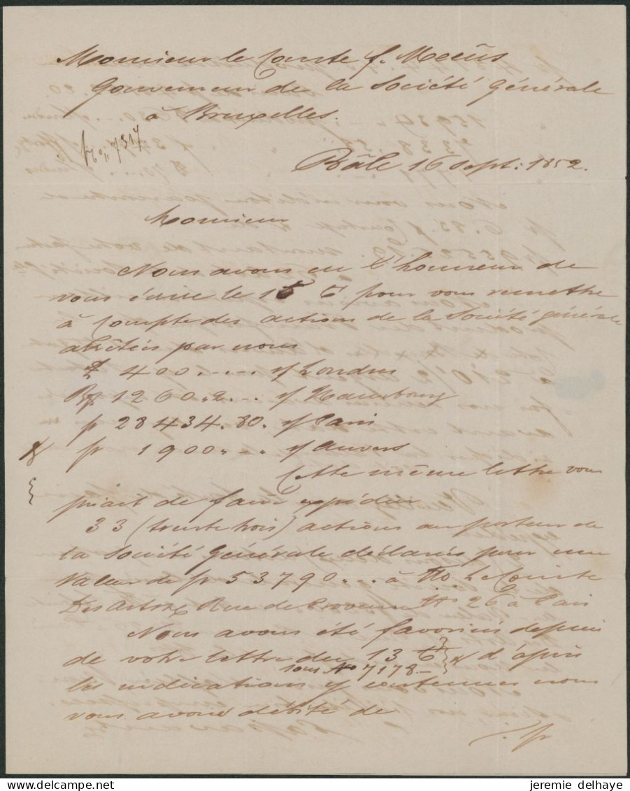 LAC Non Affranchie Datée De Bâle (Suisse), Port "4" > Bruxelles (M. Le Comte J.Meeus, 1852) + Passage "Suisse Par Quiévr - Posta Rurale