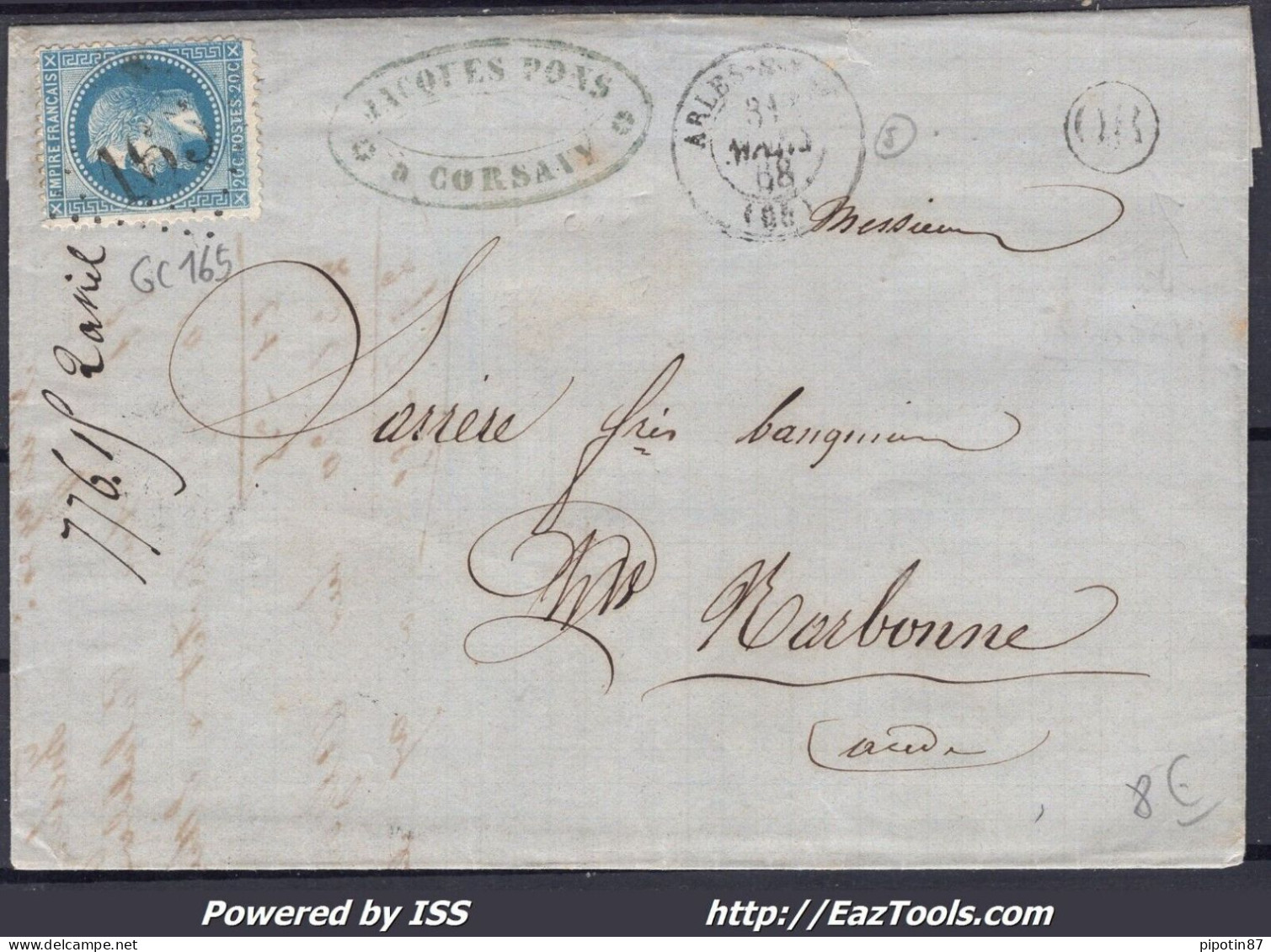 FRANCE N°29A SUR LETTRE GC 165 ARLES SUR TECH PYR ORIENTALES + CAD DU 31/03/1868 - 1863-1870 Napoléon III Con Laureles