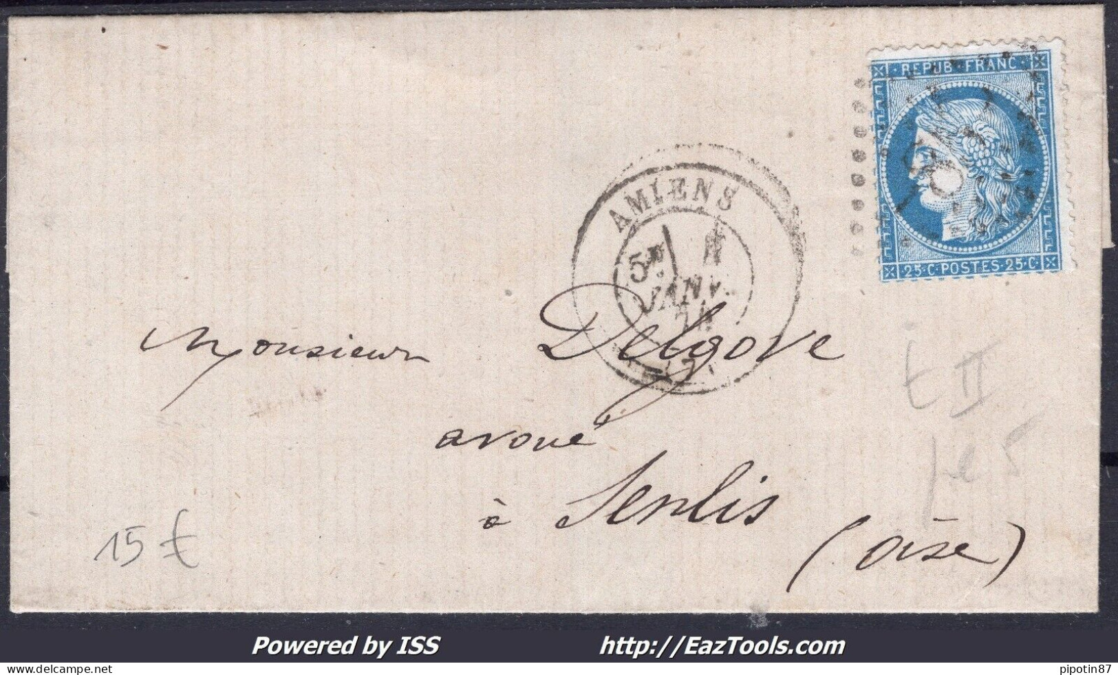 FRANCE N°60B SUR LETTRE GC 85 AMIENS SOMME + CACHET A DATE DU 04/01/1874 - 1871-1875 Ceres