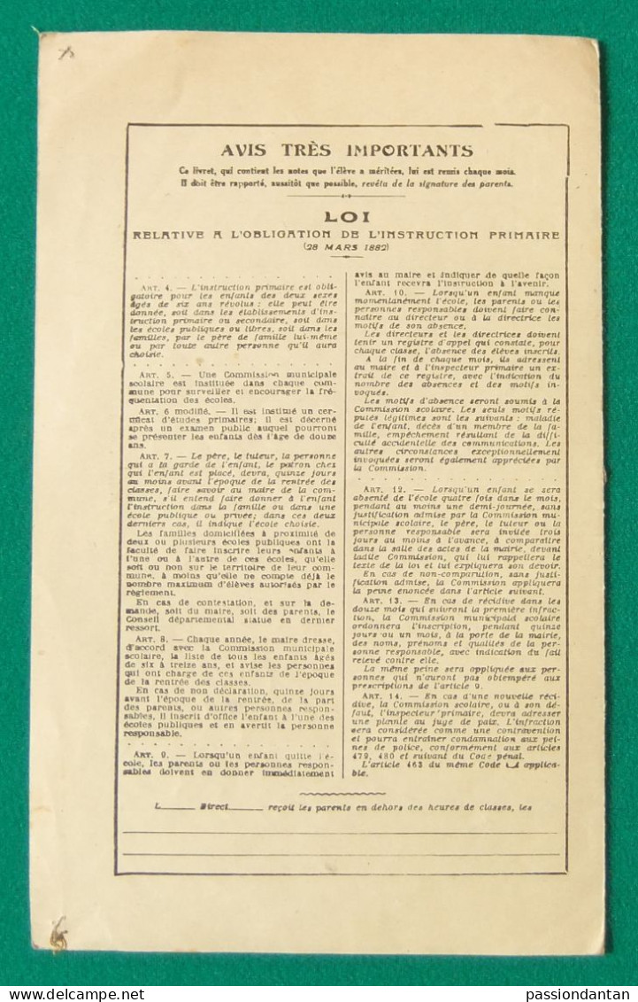 Cinq relevés de notes des années 1930 et 1940 - Même élève de l'École des Filles du 4 rue Molière à Paris dans la Seine