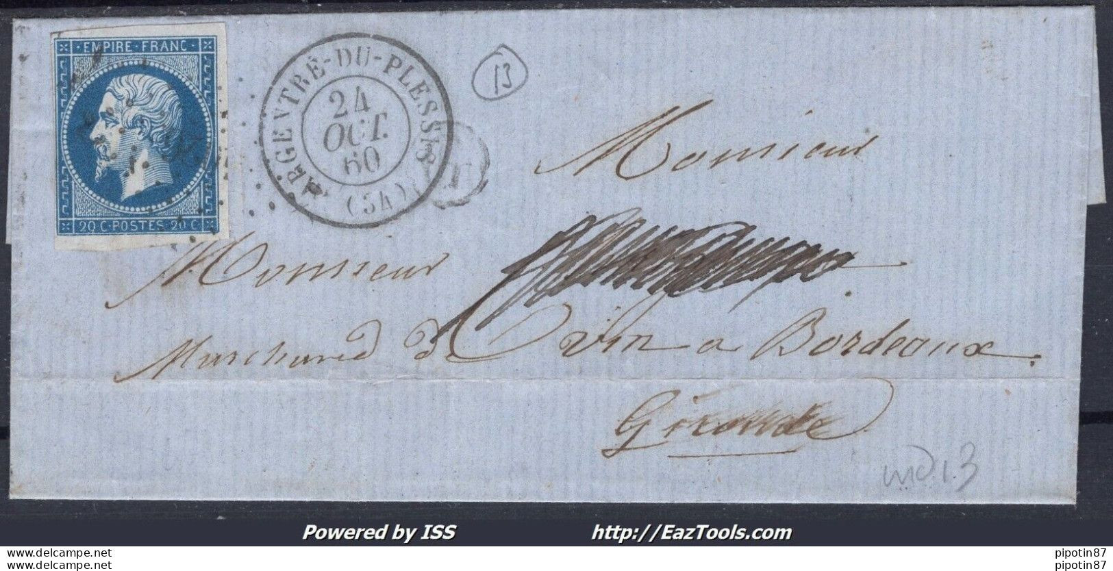 FRANCE N°14 SUR LETTRE PC 4026 ARGENTRÉ DU PLESSIS ILLE ET VILAINE DU 24/10/1860 - 1853-1860 Napoléon III.