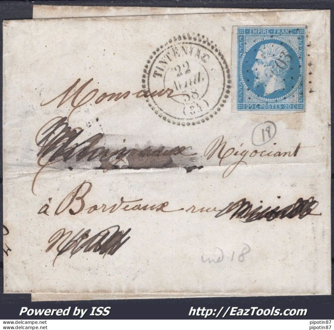 FRANCE N°14A SUR LETTRE PC 4003 TINTENIAC ILLE ET VILAINE + CAD DU 22/04/1858 - 1853-1860 Napoléon III