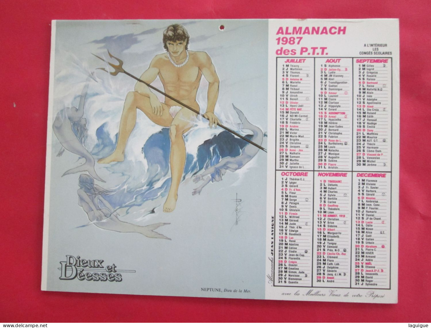 CALENDRIER ALMANACH 1987 LAVIGNE  NEPTUNE DIEU DE LA MER DIANE DEESSE DE LA CHASSE - Grand Format : 1981-90