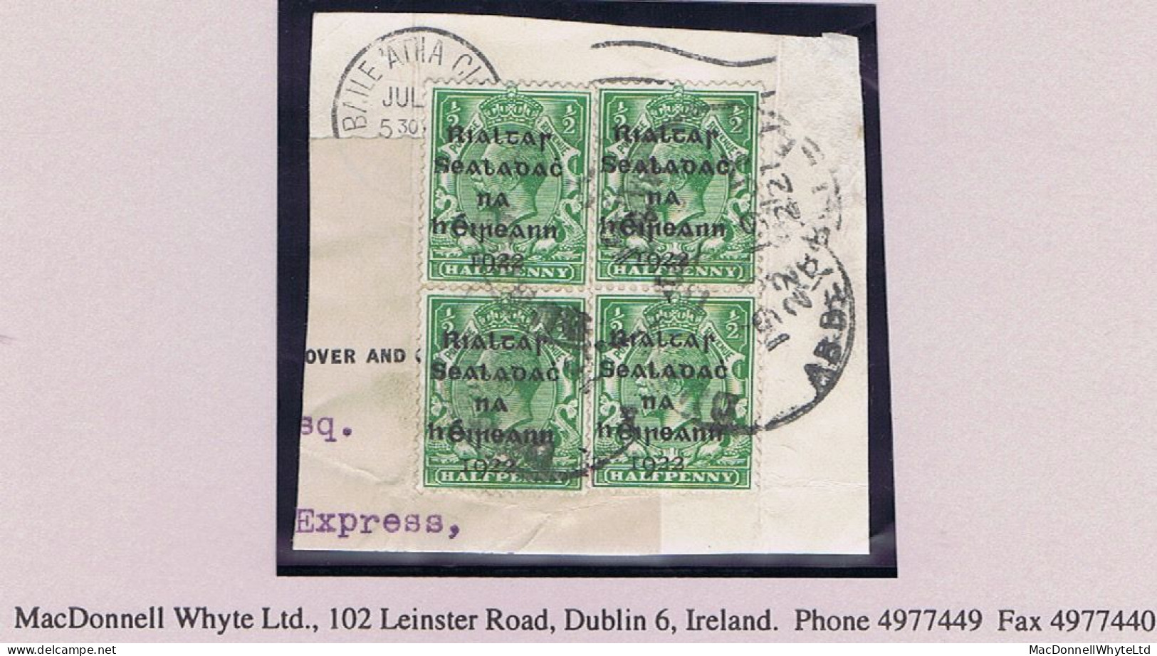 Ireland 1922 Dollard Rialtas 5-line Overprint In Black On ½d Green, Block Of 4 Used On Piece DURROW ABBEYLEIX Cds - Usati