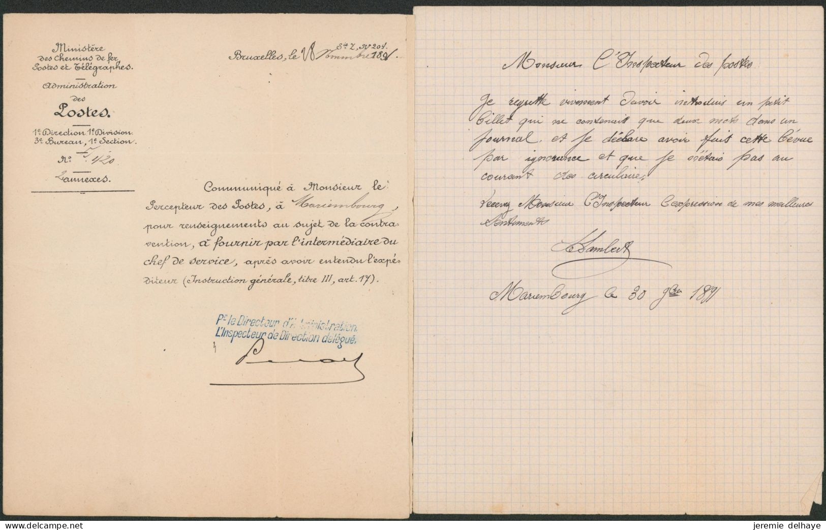 Ministère Des Chemins De Fer Postes & Télégraphes - Communiqué à M. Le Percepteur Des Postes à Mariembourg - Doorgangstempels