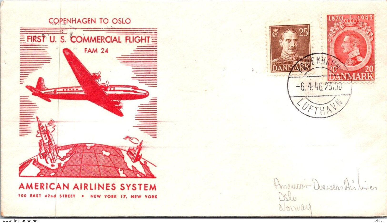 DINAMARCA COPENAGUE 1946 FAM 18 COPENHAGEN TO OSLO AMERICAN AIRLINES - Airmail
