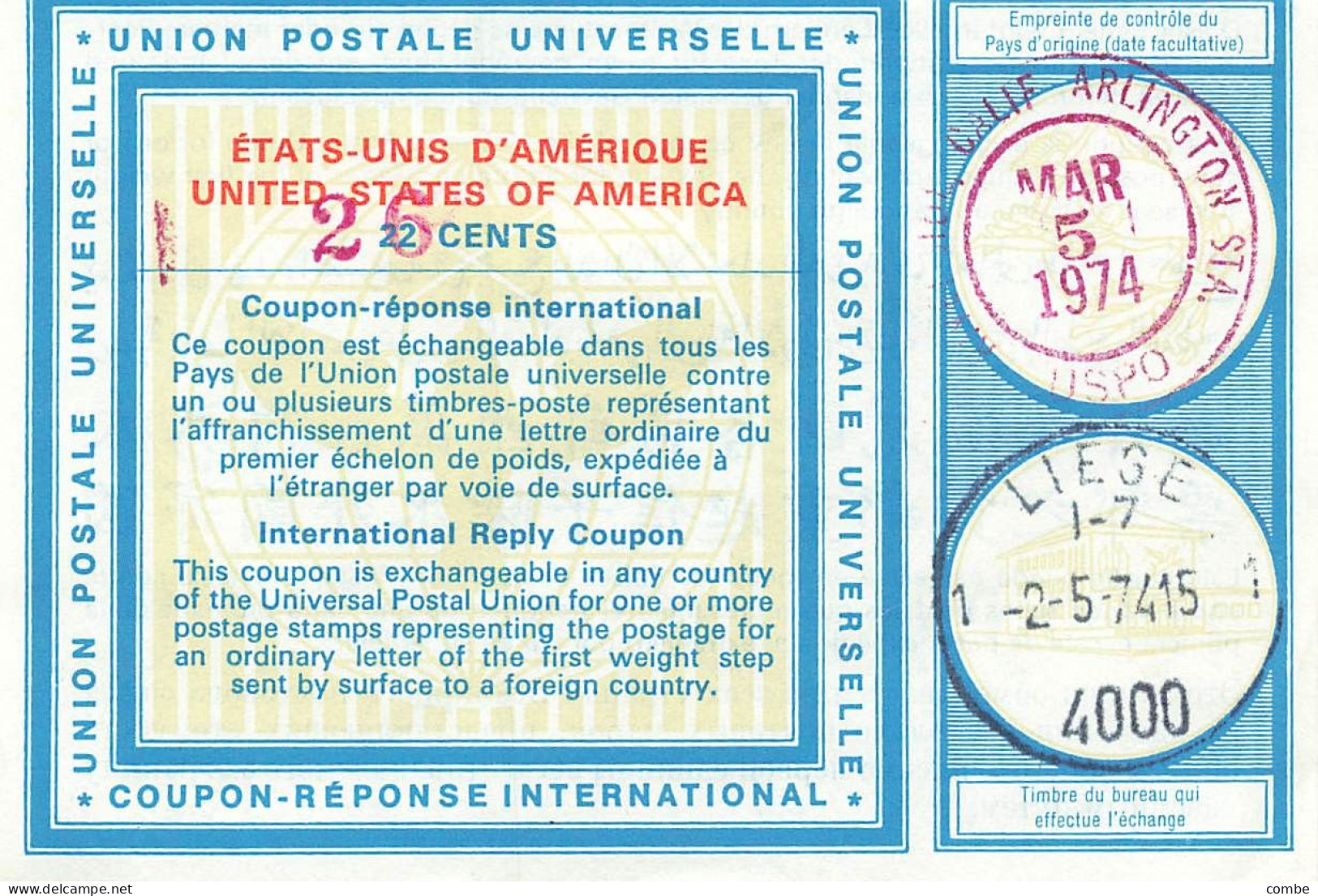 INTERNATIONAL REPLY COUPON. USA. 26/22 CENTS. ARLINGTON - Other & Unclassified