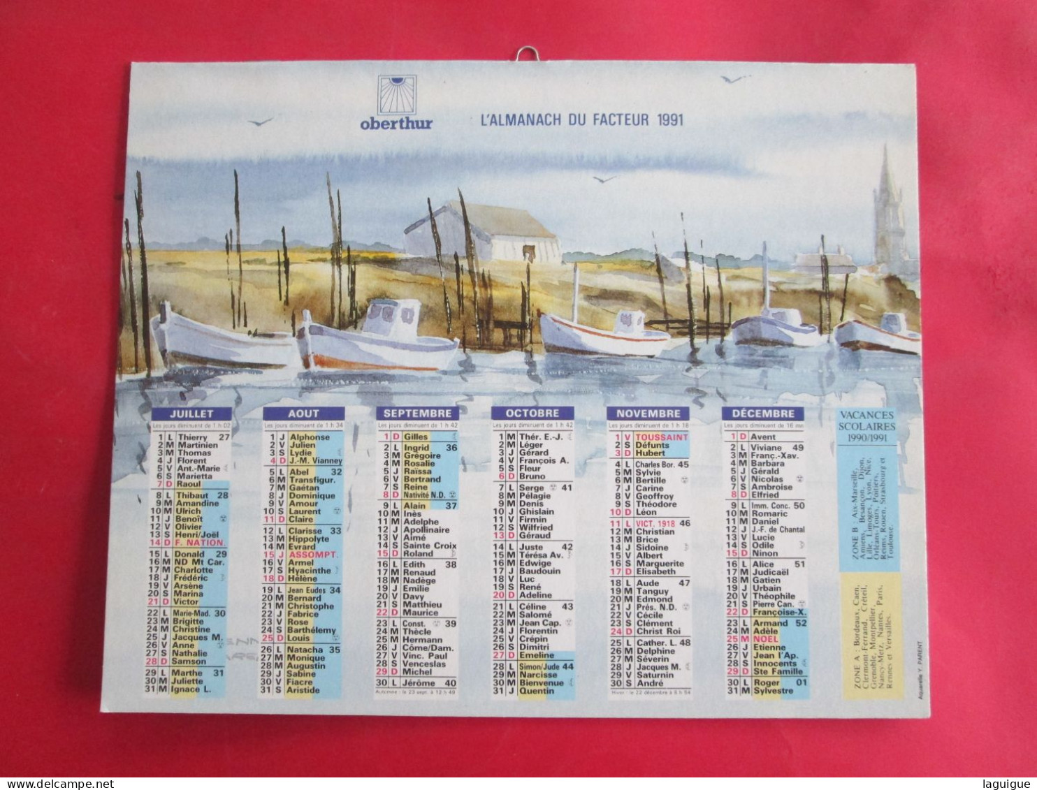 CALENDRIER ALMANACH 1991 OBERTHUR AQUARELLE Y.PARENT BATEAUX VOILIERS - Grossformat : 1991-00