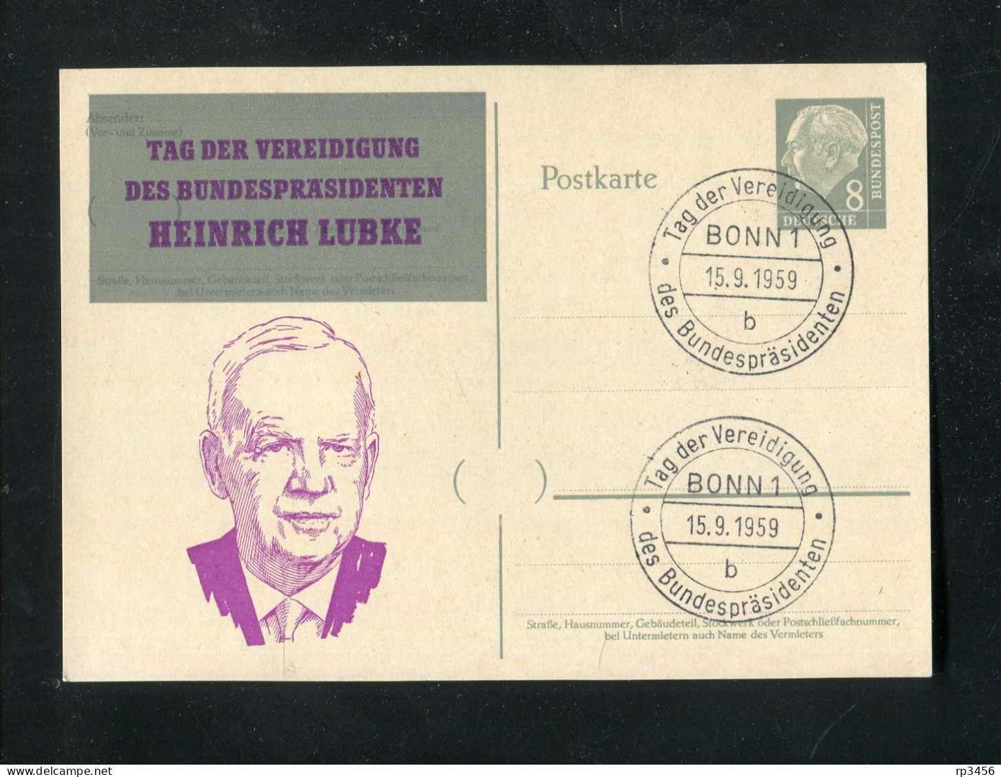 "BUNDESREPUBLIK DEUTSCHLAND" 1959, Postkarte Mi.P 30 Mit Privatem Zudruck "Bundespraesident H.Luebke",SSt. "Bonn" (0117) - Postales Privados - Usados