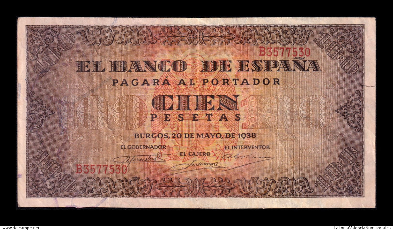 España Spain 100 Pesetas Burgos 1938 Pick 113 Serie B Mbc+/Ebc Vf+/Xf - 100 Pesetas