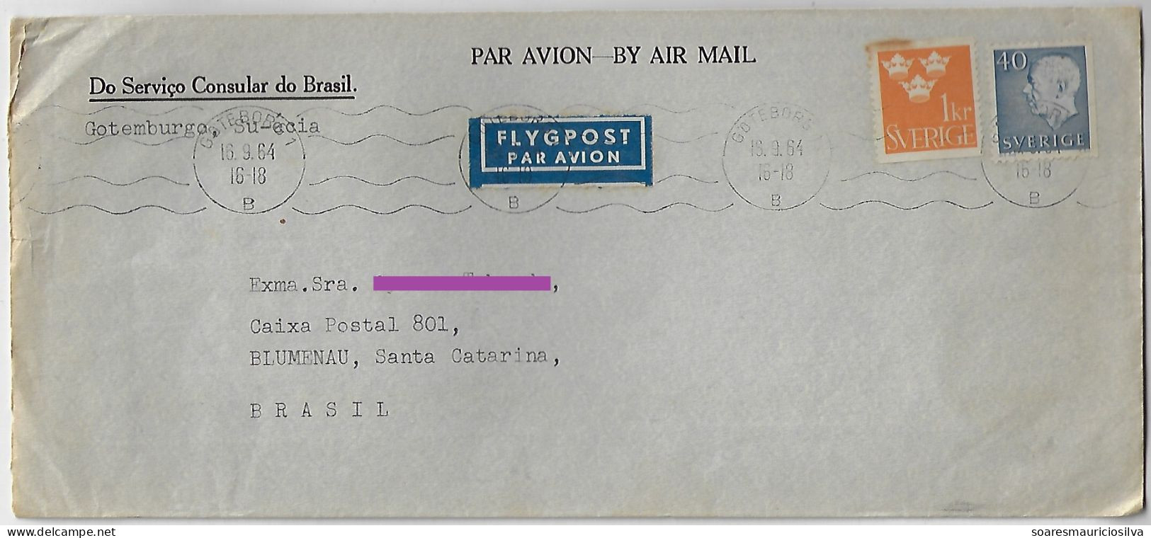 Sweden 1964 Brazilian Diplomatic Service Airmail Cover Sent From Göteborg To Blumenau Brazil 2 Definitive Stamp - Storia Postale