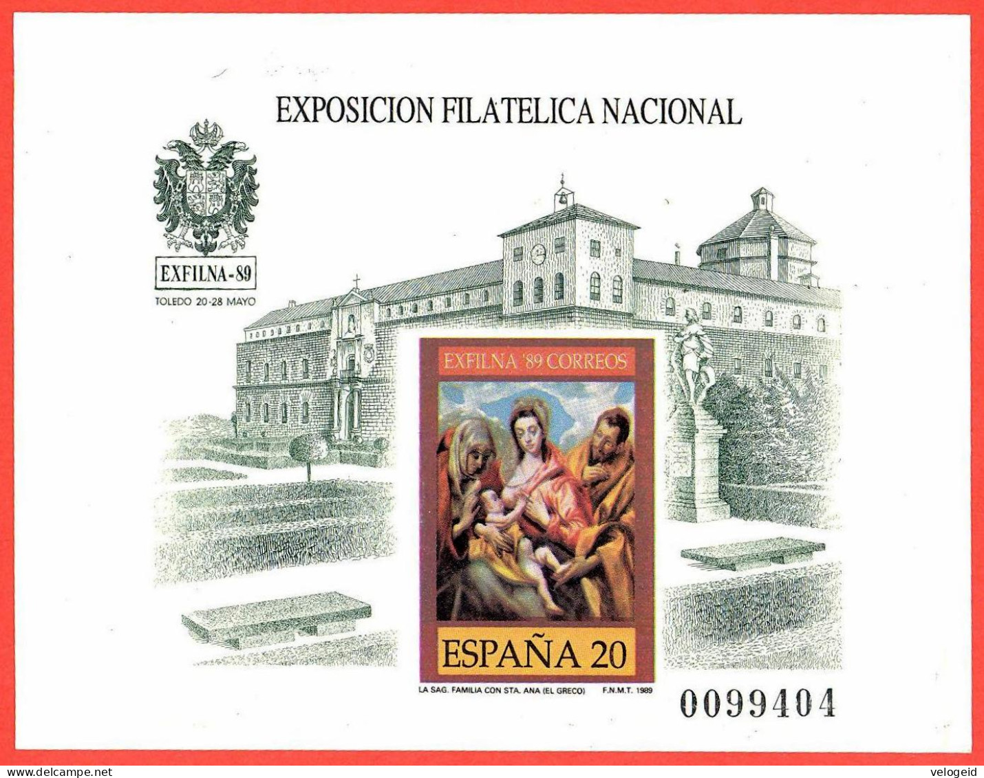 España. Spain. 1989. PO. Exposicion Filatelica Nacional. EXFILNA '89. Sagrada Familia. El Greco - Blocs & Hojas