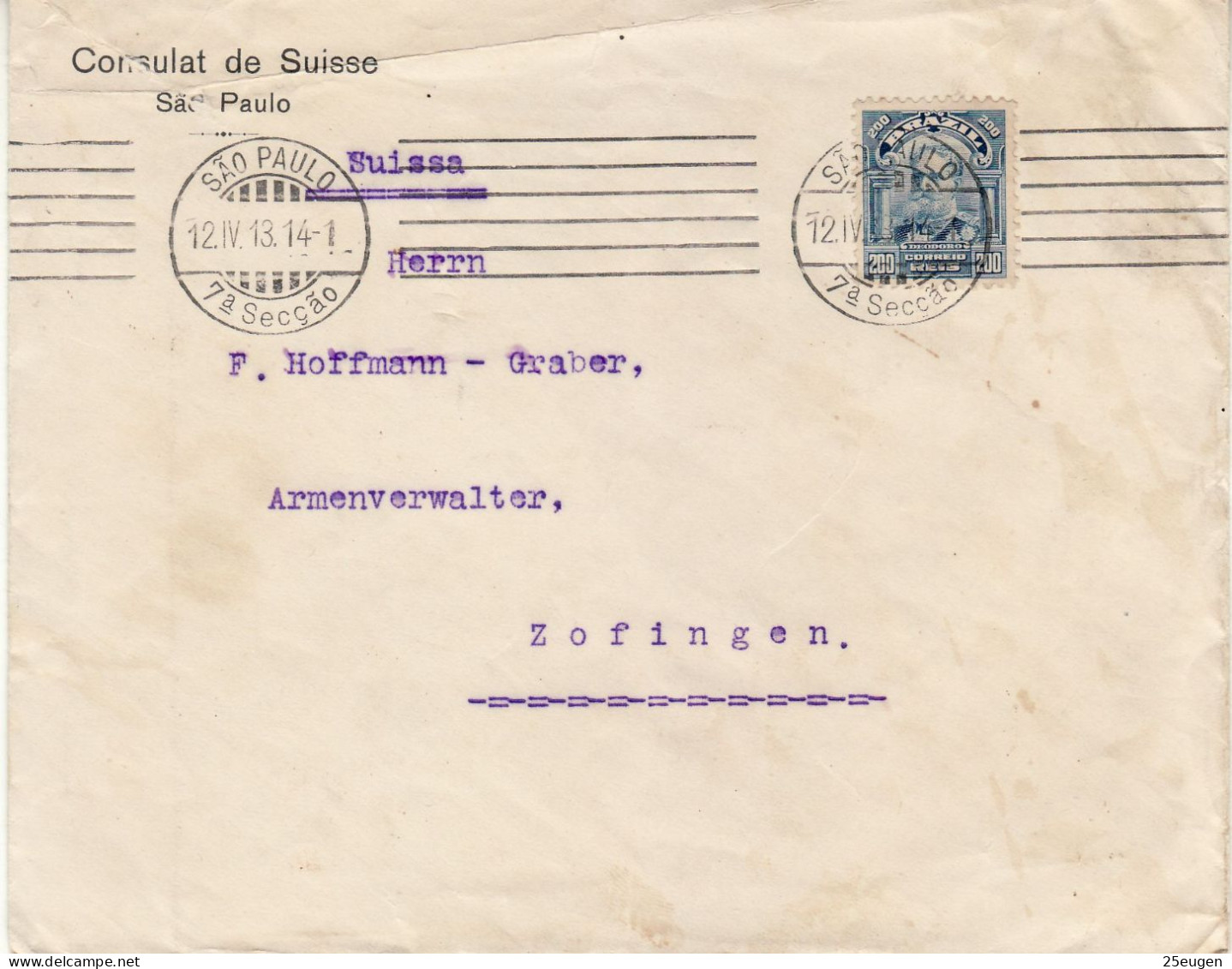 BRAZIL 1913  LETTER SENT FROM SAO PAULO TO ZOFINGEN - Storia Postale