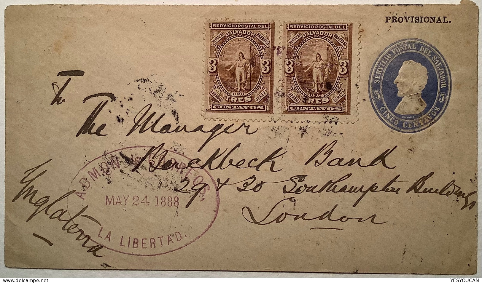 El Salvador 5c PROVISIONAL Postal Stationery+1887 3c LA LIBERTAD 1888>London, GB  (lettre Cover - El Salvador