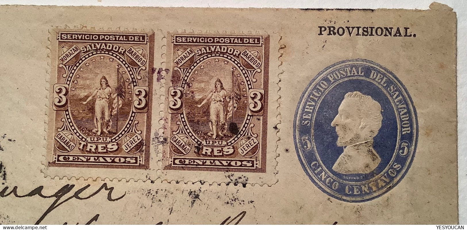 El Salvador 5c PROVISIONAL Postal Stationery+1887 3c LA LIBERTAD 1888>London, GB  (lettre Cover - Salvador