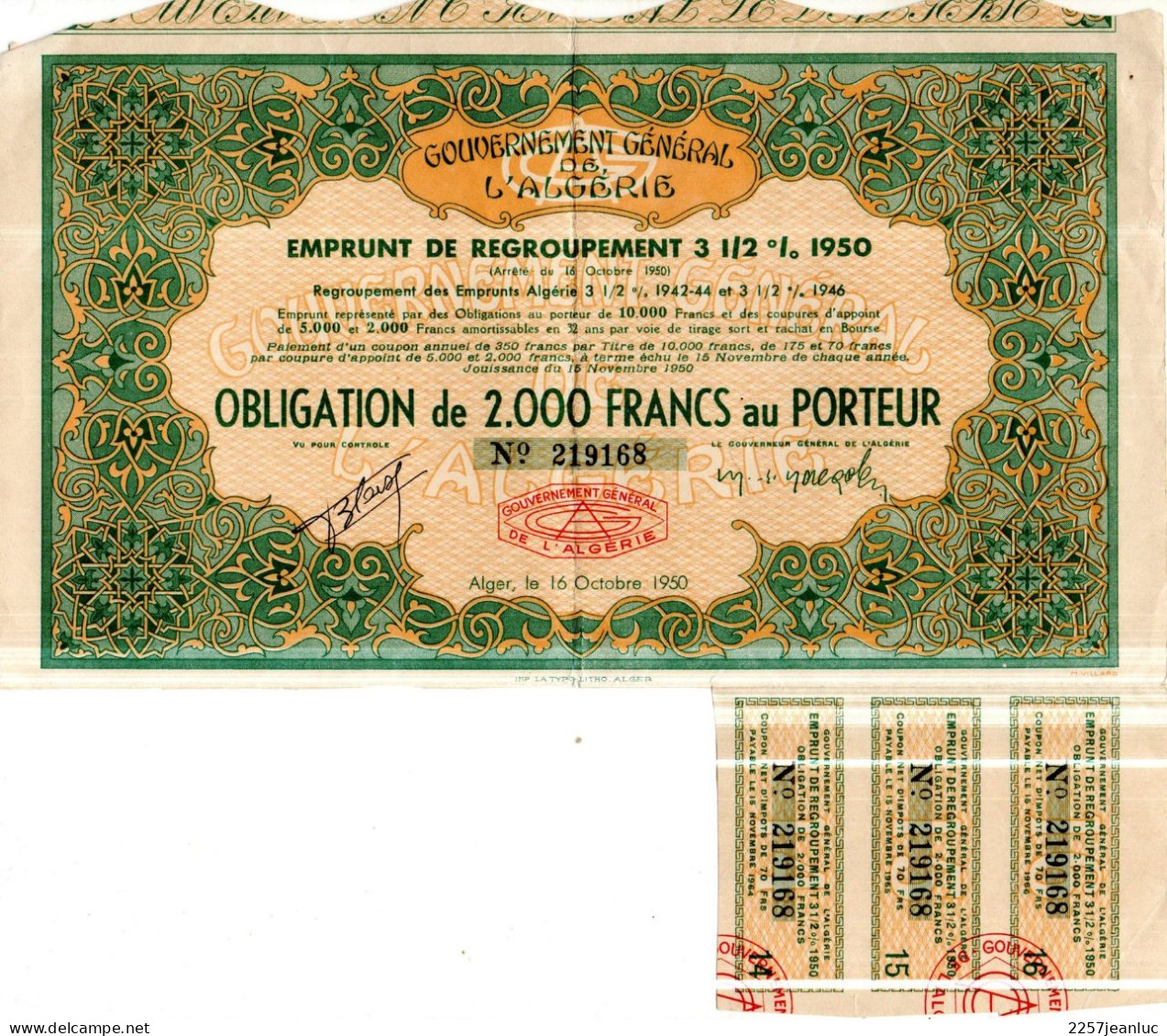 Actions Du Gouvernement De L'Algérie Emprunts ...1942 à 1946  Obligation De 2000fr Avec 3 Coupons - Afrika