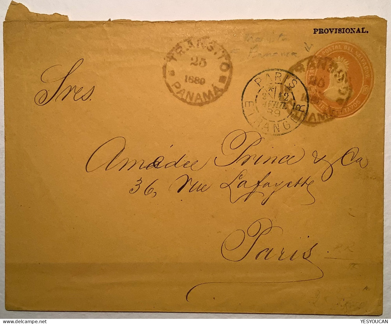 El Salvador 10c PROVISIONAL Postal Stationery Cds TRANSITO PANAMA1888 (La Libertad)>Paris, France (cover Liberty Liberté - Salvador