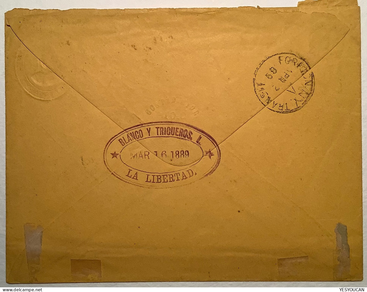 El Salvador 10c PROVISIONAL Postal Stationery Cds TRANSITO PANAMA1888 (La Libertad)>Paris, France (cover Liberty Liberté - El Salvador