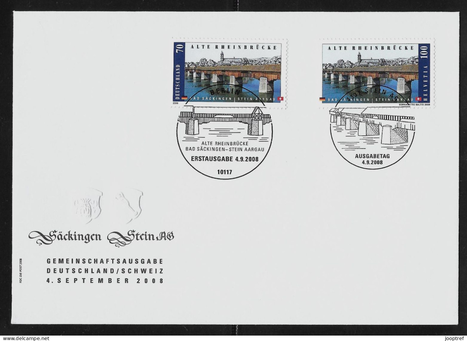 2008 Joint/Gemeinschaftsausgabe Switzerland And Germany, MIXED FDC SWITZERLAND BOTH STAMPS: Old Rhine Bridge - Joint Issues
