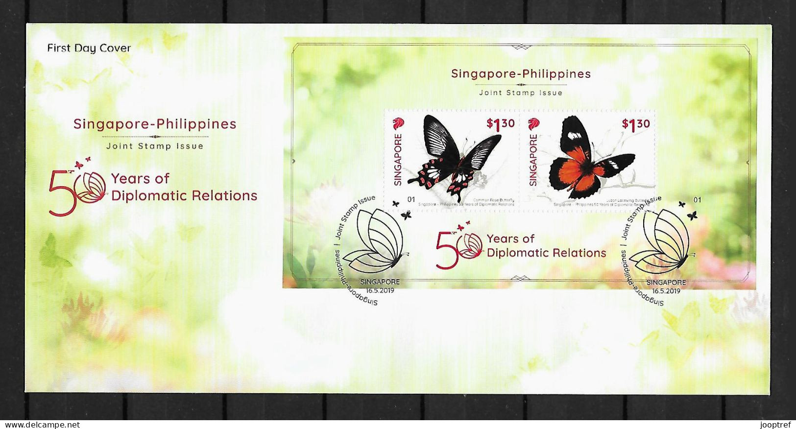 2019 Joint Singapore And Philippines, OFFICIAL FDC SINGAPORE WITH SOUVENIR SHEET: Butterflies - Joint Issues