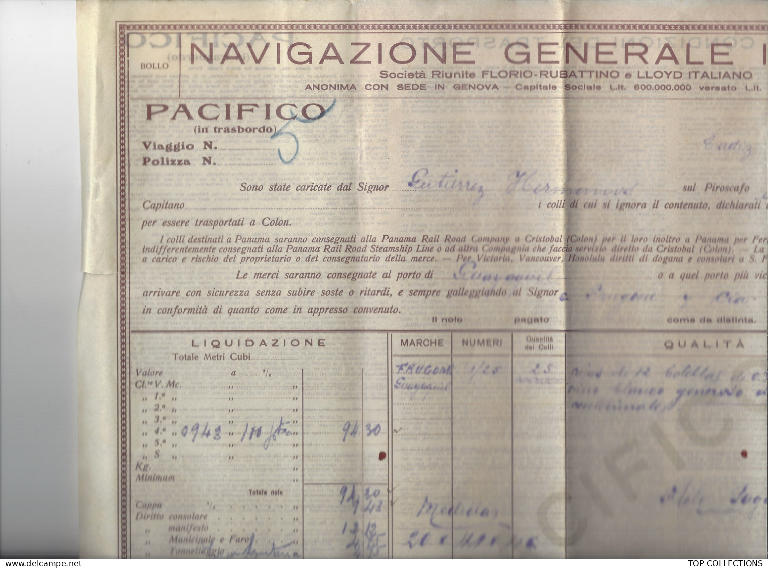 NAVIGATION 1930 CONNAISSEMENT BILL OF LADING  POLIZZA DI CARICO NAVIGAZIONE GENERALE  ITALIANO De Cadiz Pour Gayaquil - Italië