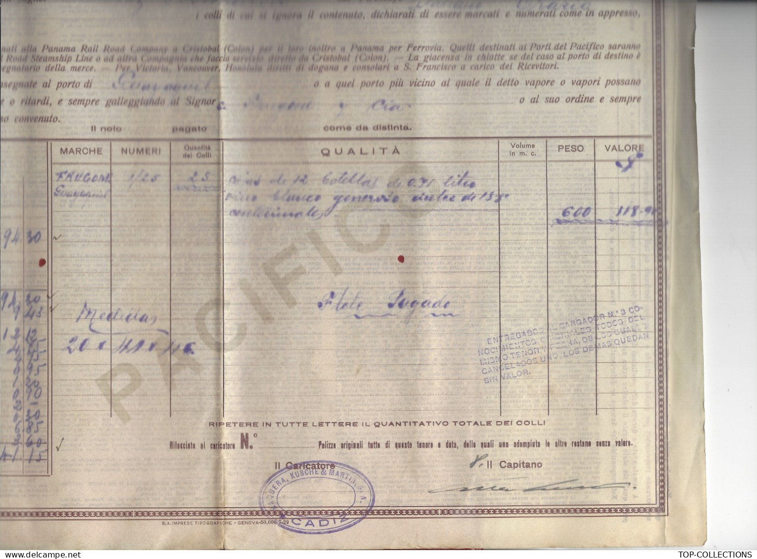 NAVIGATION 1930 CONNAISSEMENT BILL OF LADING  POLIZZA DI CARICO NAVIGAZIONE GENERALE  ITALIANO De Cadiz Pour Gayaquil - Italien