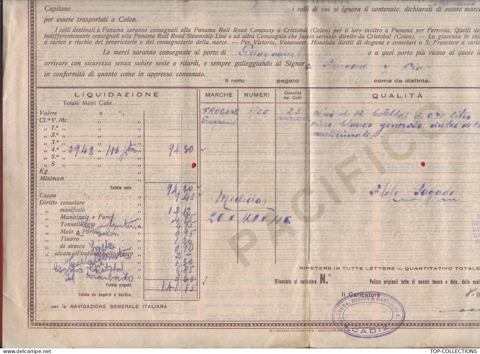 NAVIGATION 1930 CONNAISSEMENT BILL OF LADING  POLIZZA DI CARICO NAVIGAZIONE GENERALE  ITALIANO De Cadiz Pour Gayaquil - Italien