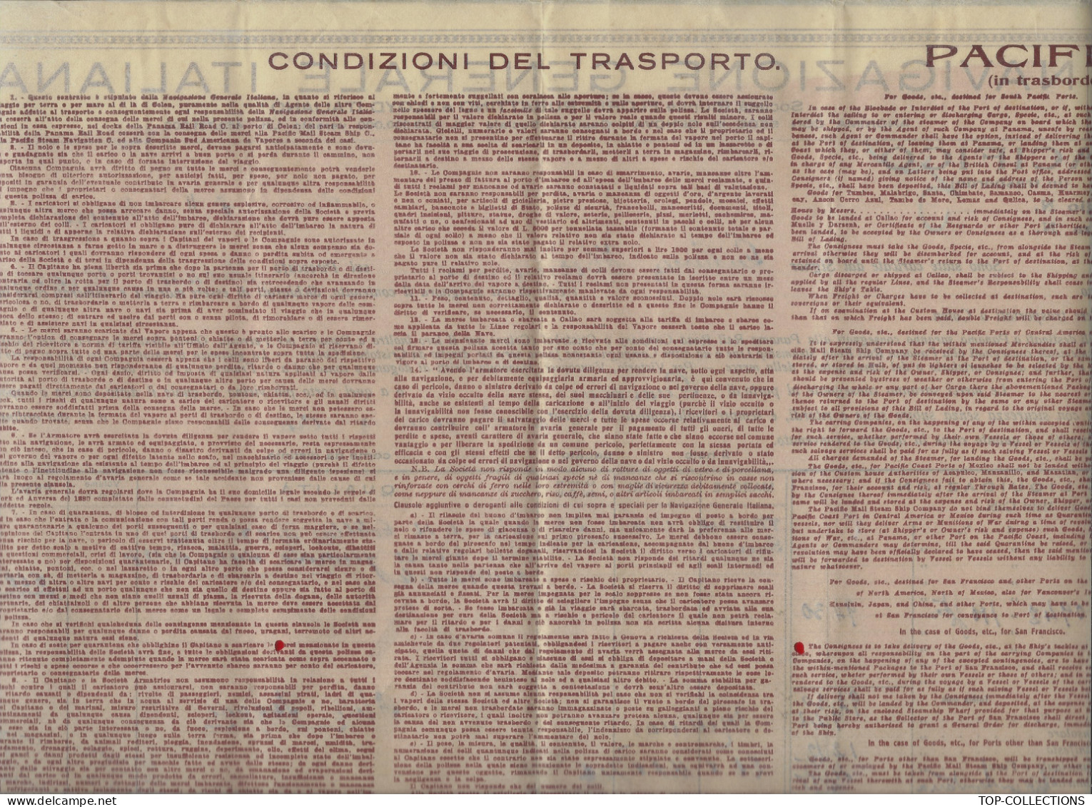 NAVIGATION 1930 CONNAISSEMENT BILL OF LADING  POLIZZA DI CARICO NAVIGAZIONE GENERALE  ITALIANO De Cadiz Pour Gayaquil - Italie