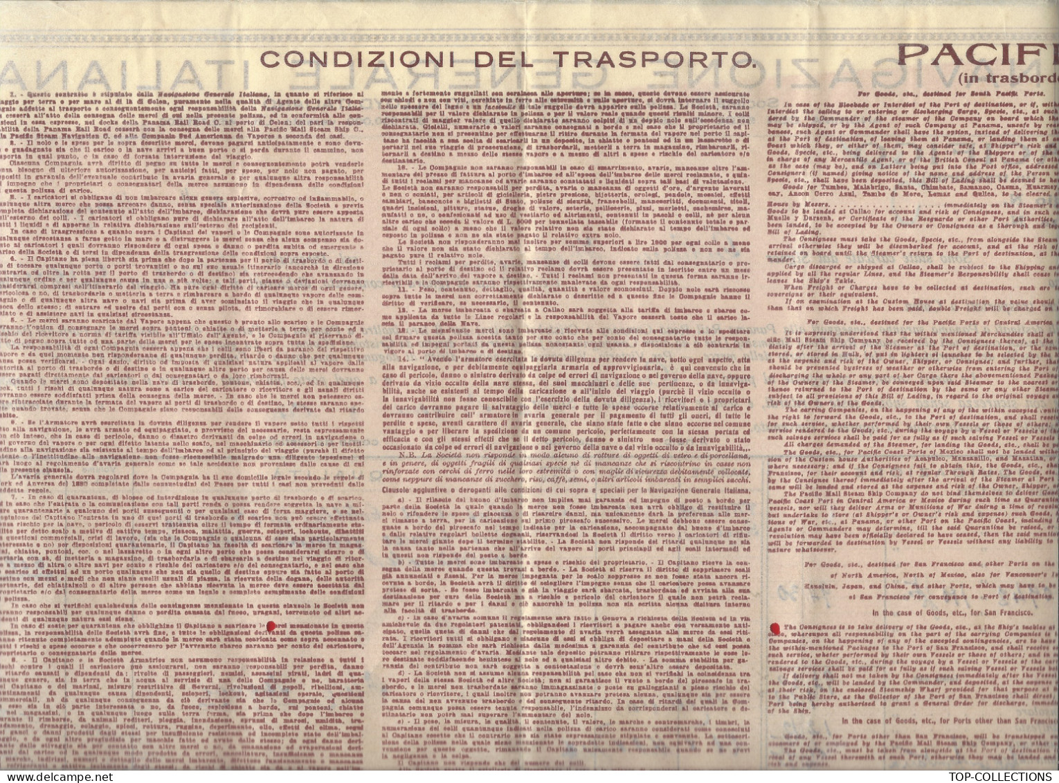 NAVIGATION 1930 CONNAISSEMENT BILL OF LADING  POLIZZA DI CARICO NAVIGAZIONE GENERALE  ITALIANO De Cadiz Pour Gayaquil - Italië