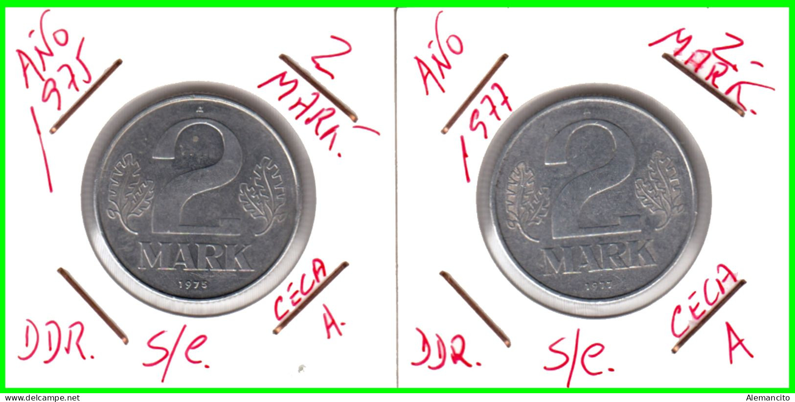 ( GERMANY DDR ) REPUBLICA DEMOCRATICA DE ALEMANIA (DDR) 2 MONEDAS DE 2-DM AÑO 1975 - 1977 - MONEDAS ALUMINIO - 27 mm. - 2 Mark