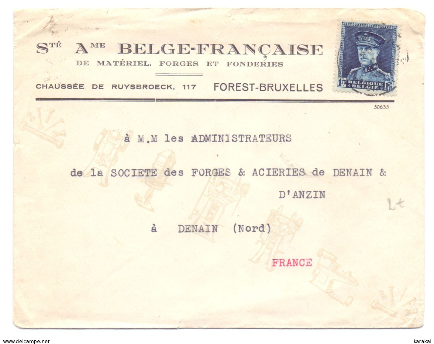 Belgique 320 Albert Képi 1f75 Forges Sur Lettre De Bruxelles Vers Denain France - 1931-1934 Quepis
