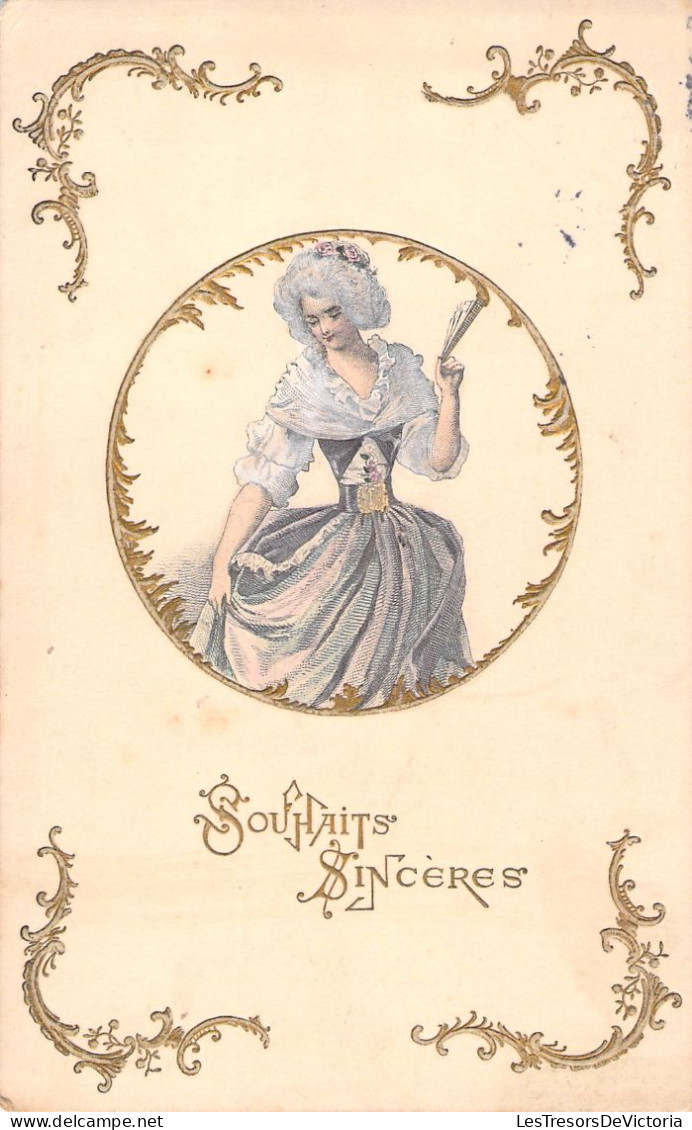 Illustrateur  - Souhaits Sincères - Femme Avec Perruque Blanche Et Eventail - Carte Postale Ancienne - - Unclassified