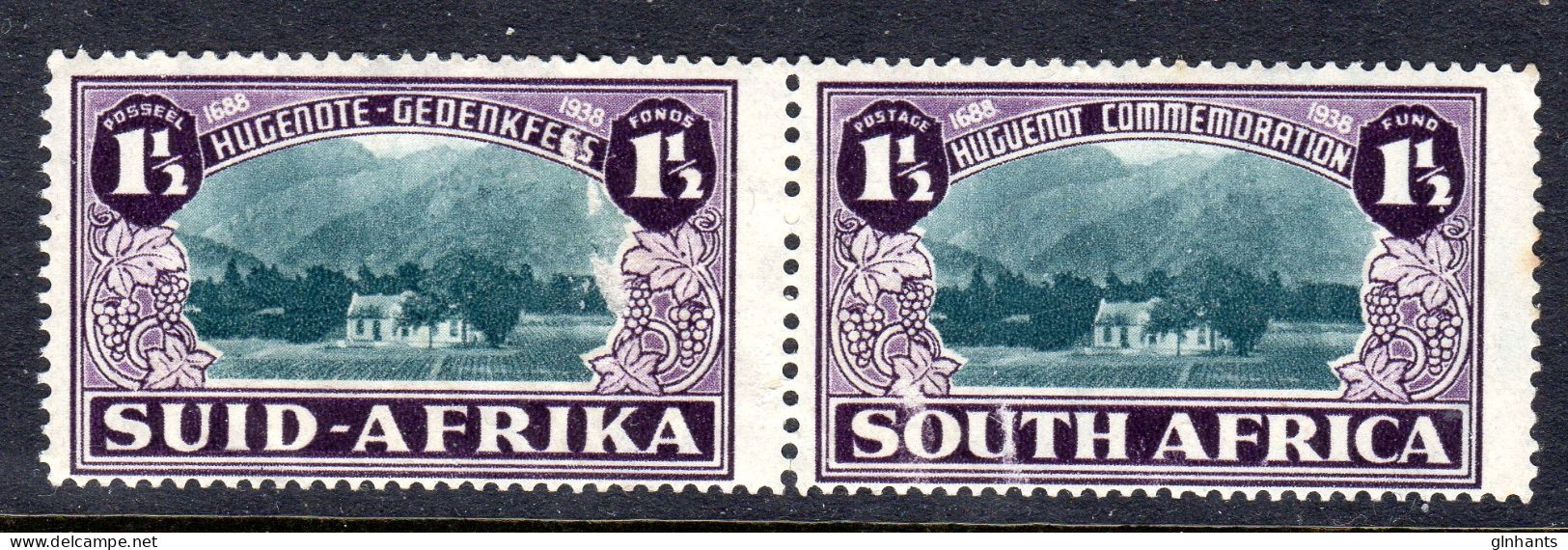 SOUTH AFRICA - 1939 HUGUENOT LANDING FUND 1/- STAMP PAIR MNH ** SG 84 GUM FAULTS (2 SCANS) - Neufs