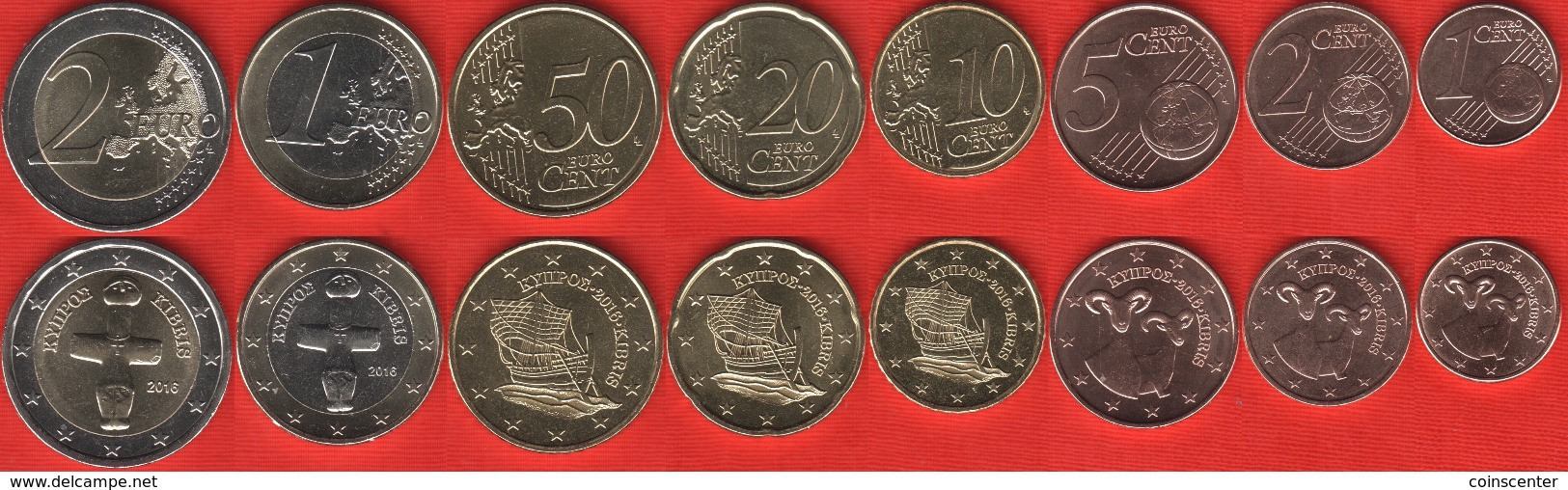 Cyprus Euro Full Set (8 Coins): 1 Cent - 2 Euro 2016 UNC - Chipre