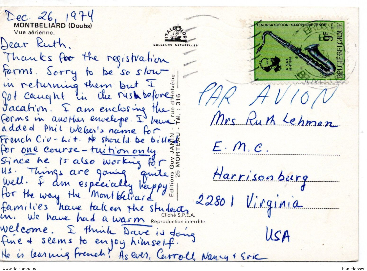 70943 - Belgien - 1974 - 9F Saxophon EF A LpAnsKte BRUXELLES -> Harrisonburg, VA (USA) - Music