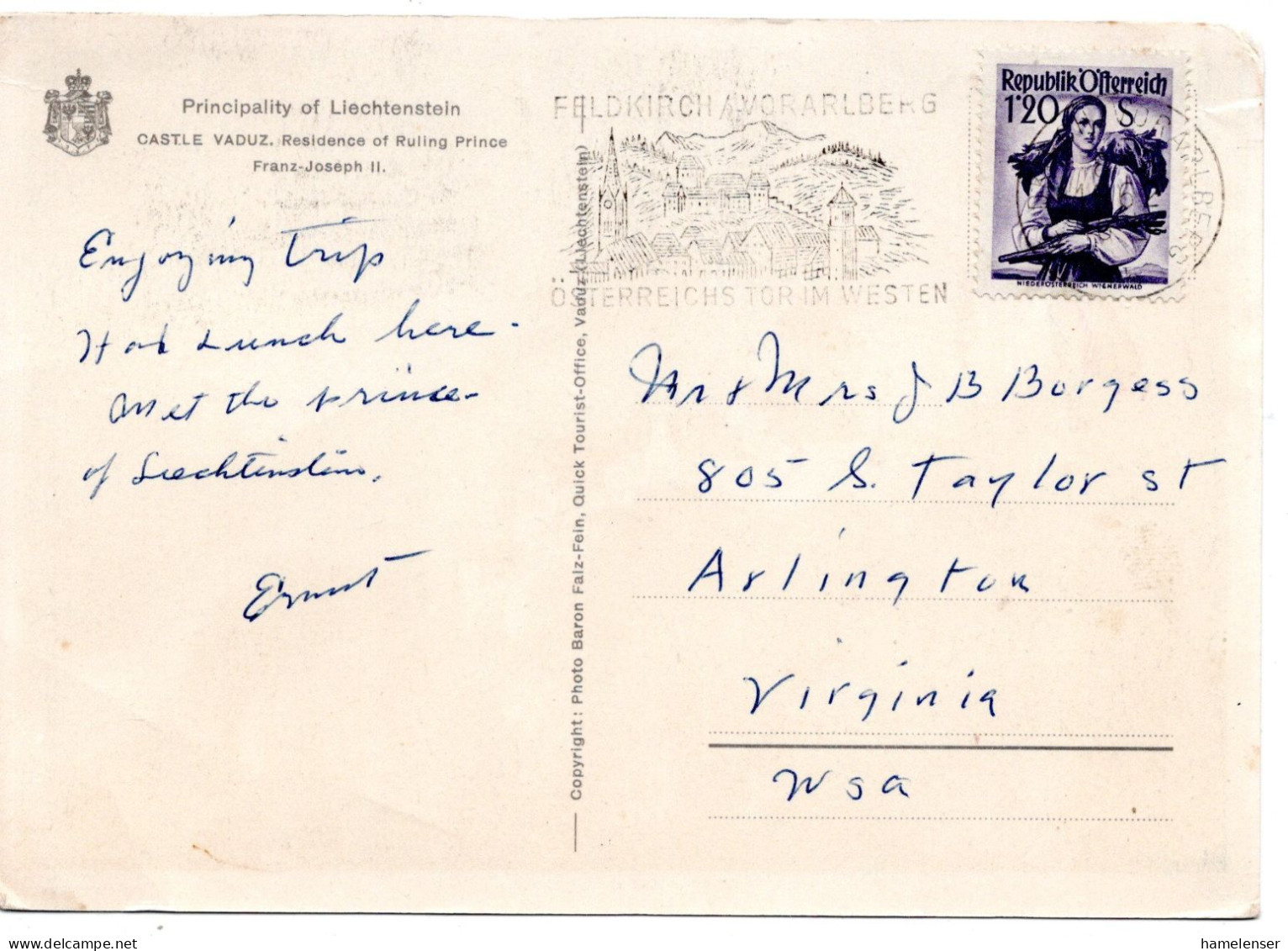 70951 - Österreich - 1962 - S1,20 Trachten EF A AnsKte FELDKIRCH - ... -> Arlington, VA (USA) - Cartas & Documentos