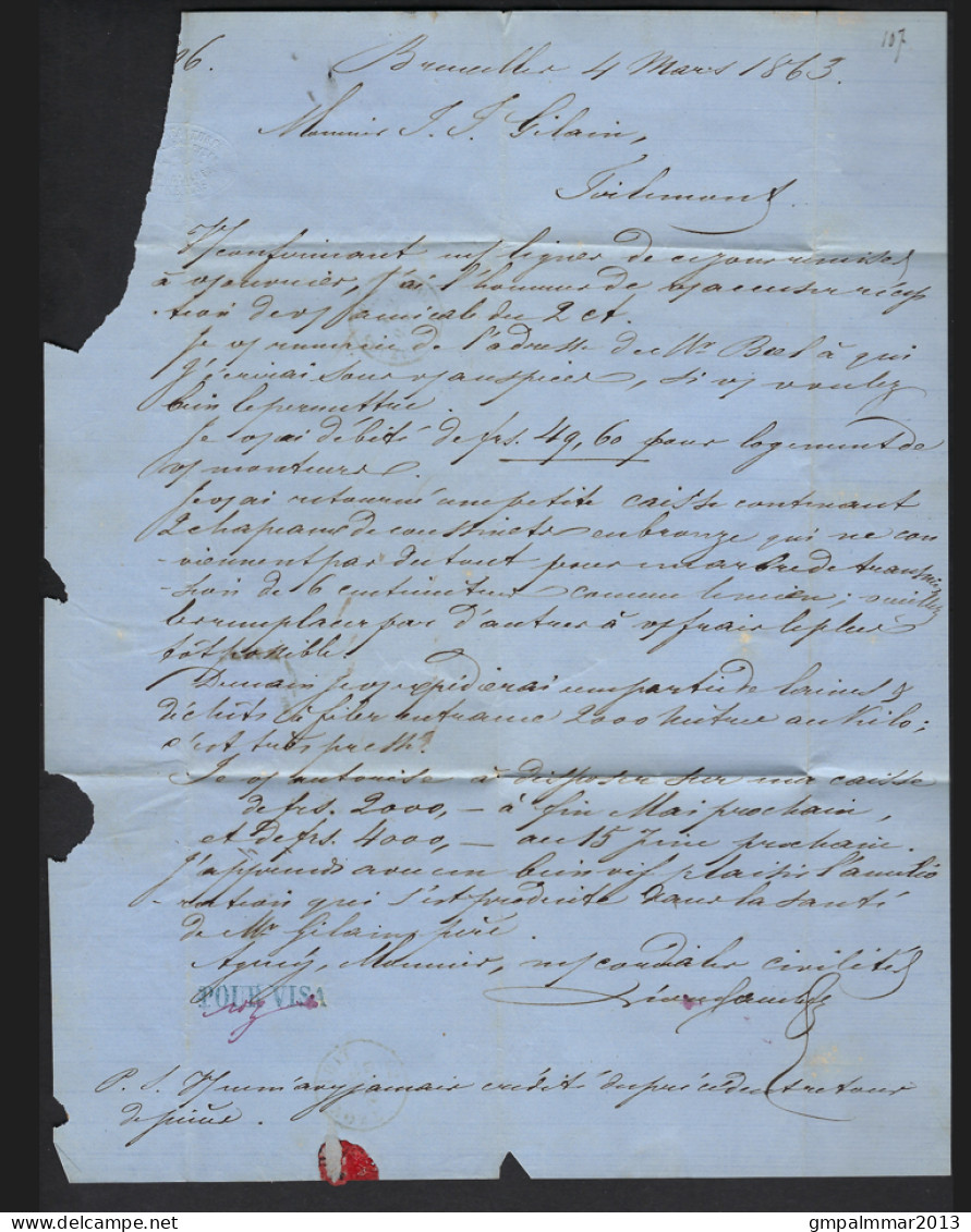 Medaillon 20 Cent Op Brief Van BRUXELLES NORD Naar TIRLEMONT In 1863 ; Details & Staat Zie 3 Scans ! LOT 191 - 1849-1865 Medallions (Other)