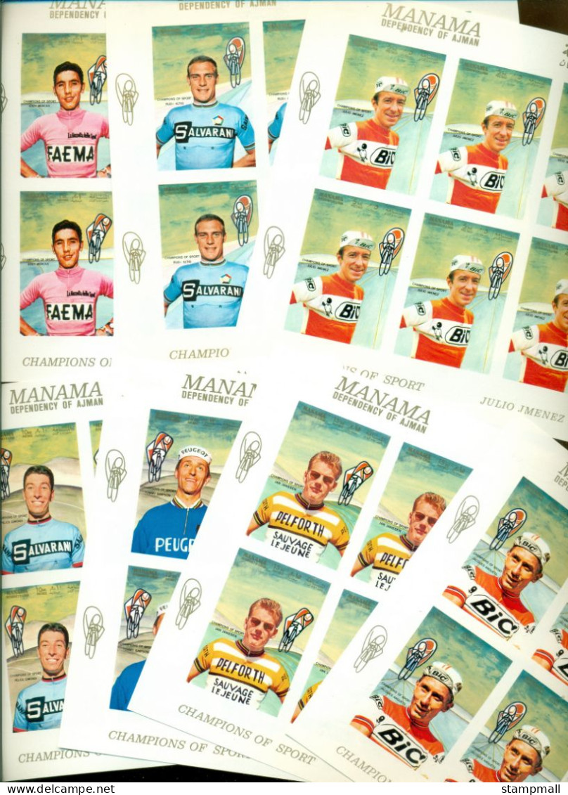 Manama 1969 Mi#134B-140B Famous Athletes, Cyclists 7xsheetlet IMPERF MLH - Andere & Zonder Classificatie