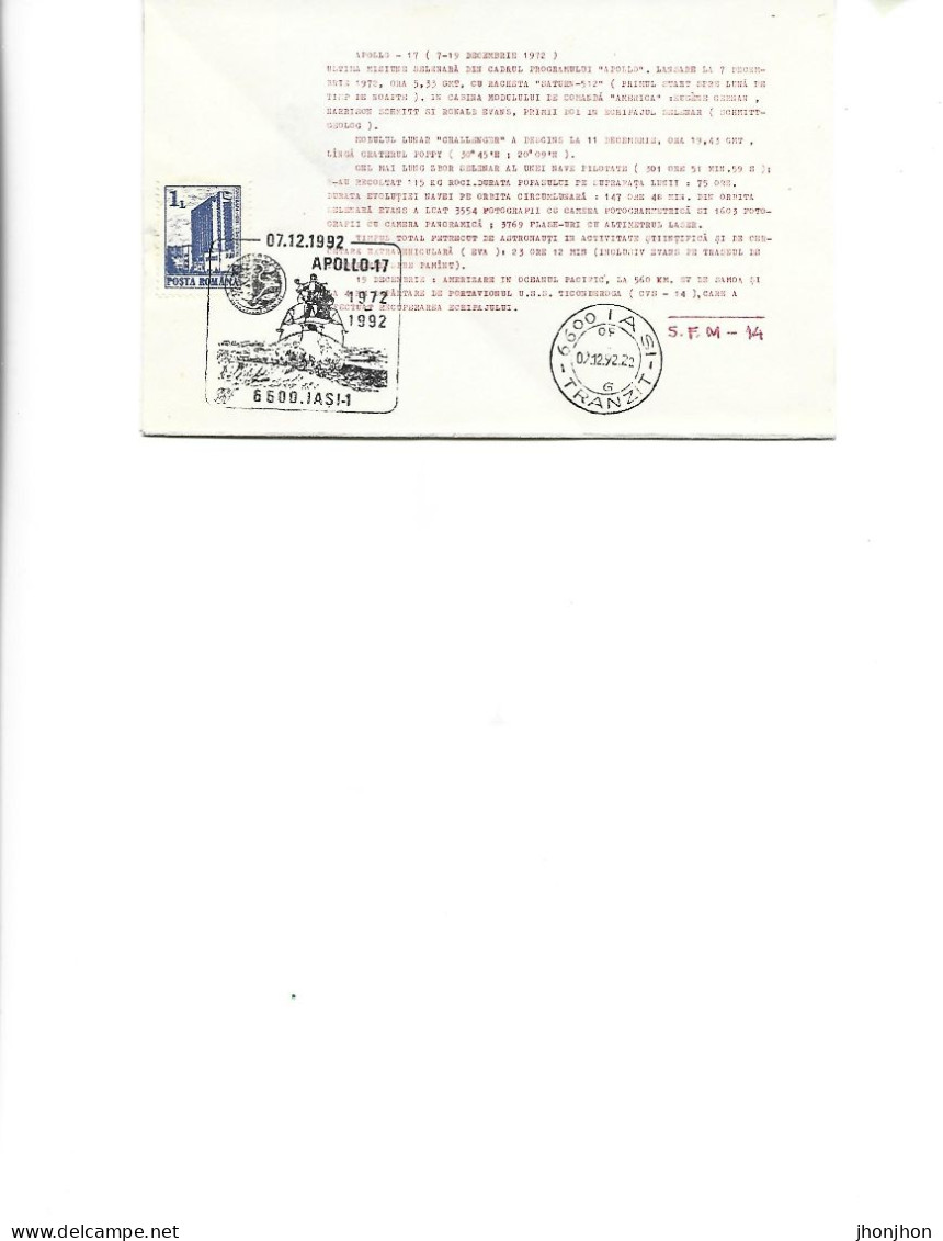 Romania  -  Occasional Envelope  1992  - Cosmos, The Last Lunar Mission Apollo 17, 20 Years 1972-1992 - Briefe U. Dokumente