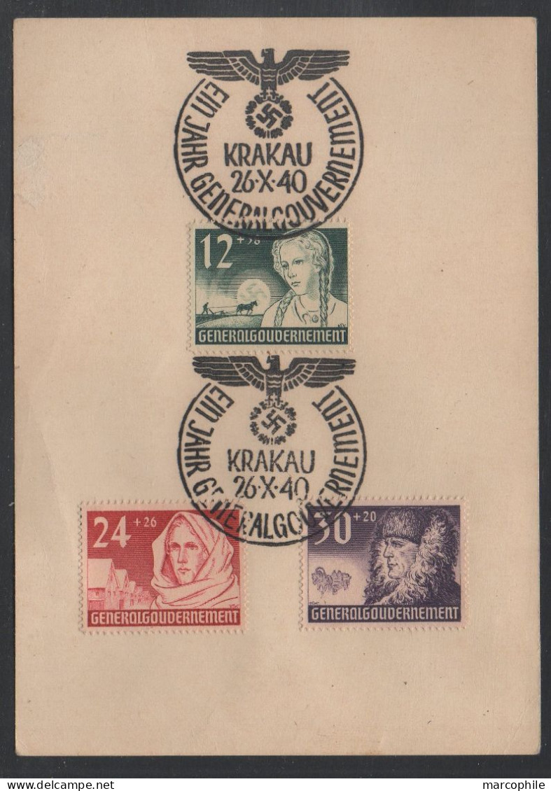 GENERAL GOUVERNEMENT - KRAKAU - POLOGNE - III REICH / 26-10-1940 FDC Mi # 56/58 SUR FEUILLET  (ref 7694a) - Gouvernement Général