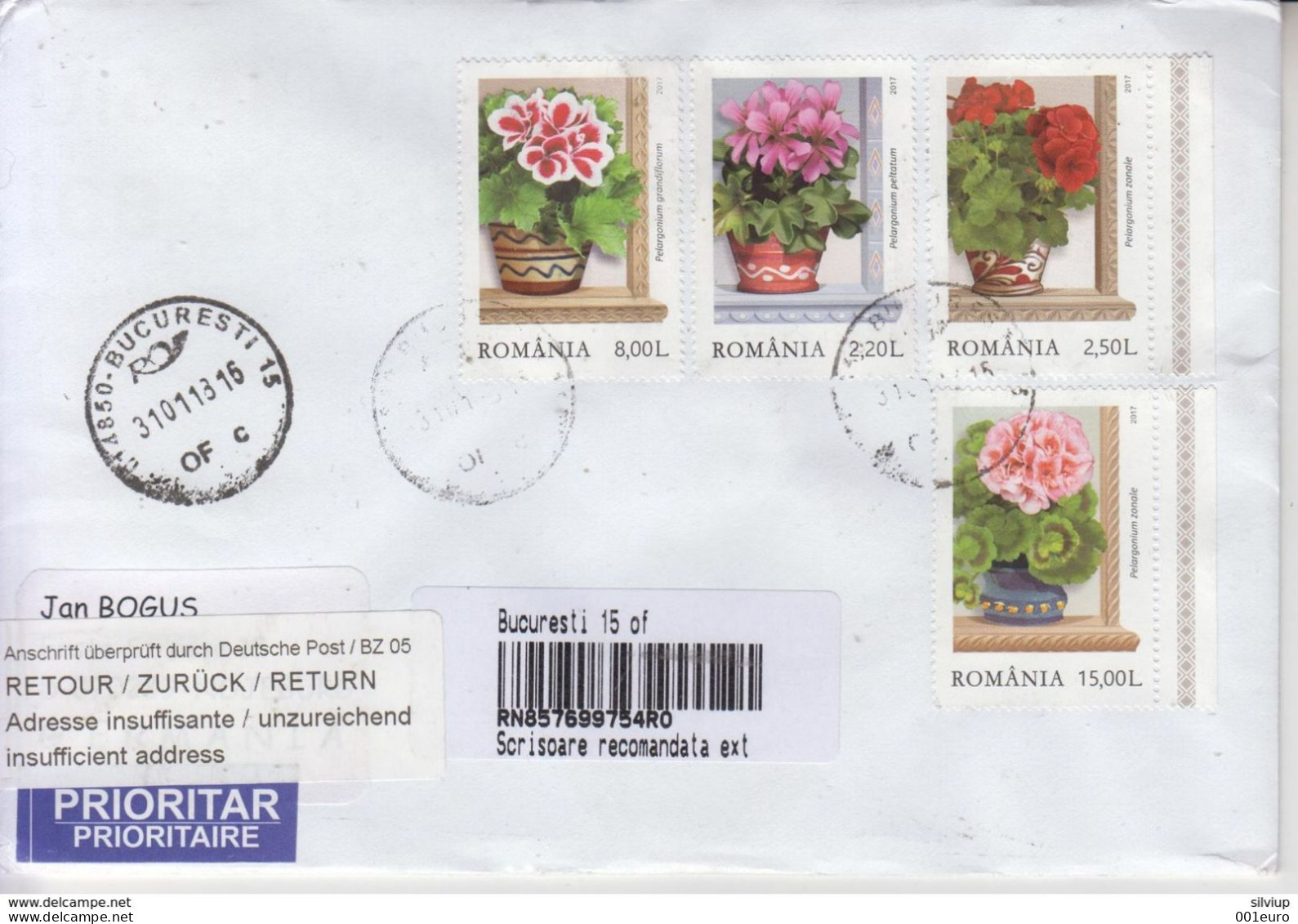 ROMANIA 2017: GERANIUMS On Circulated Registered Cover To GERMANY And Back #535751432 - Registered Shipping! - Oblitérés