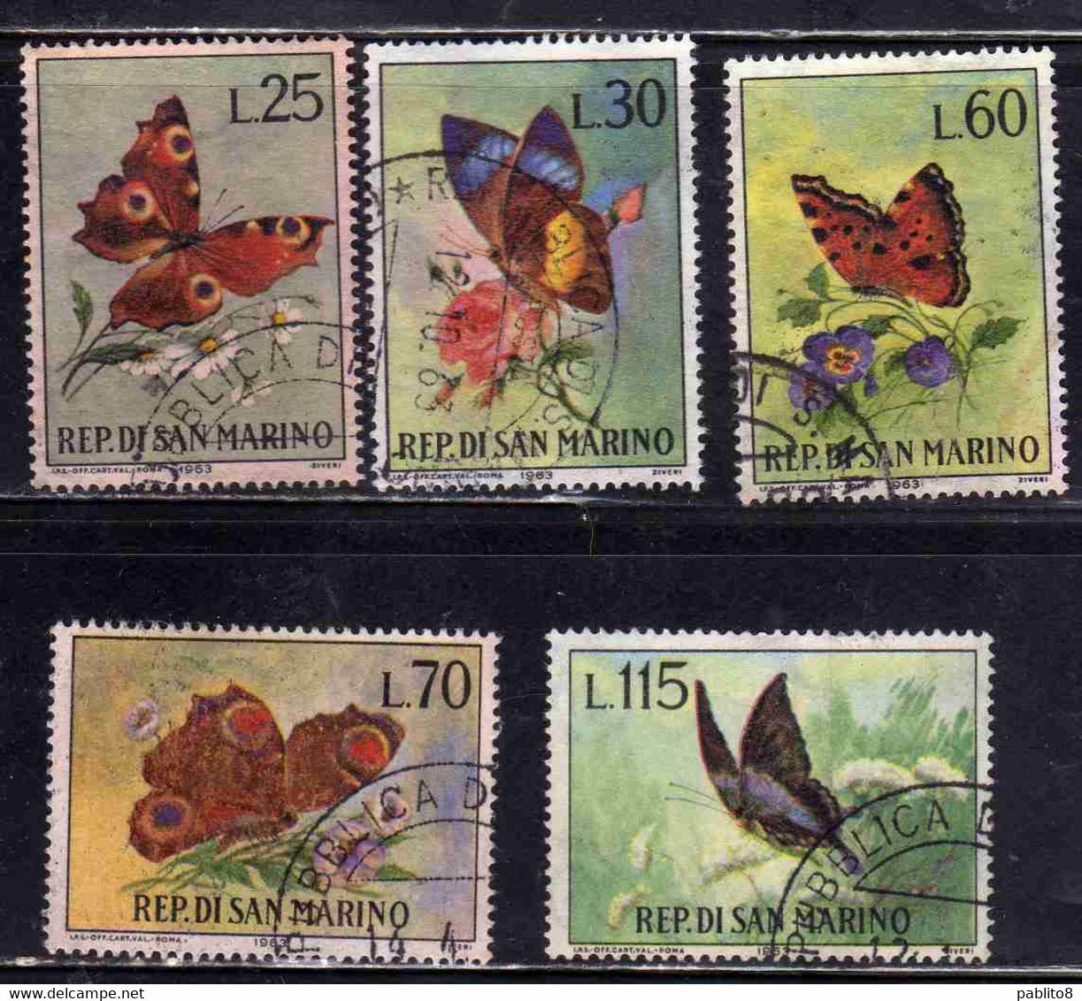 REPUBBLICA DI SAN MARINO 1963 FAUNA INSETTI INSECTS FARFALLE BUTTERFLIES SERIE COMPLETA COMPLETE SET USATA USED OBLITERE - Usados