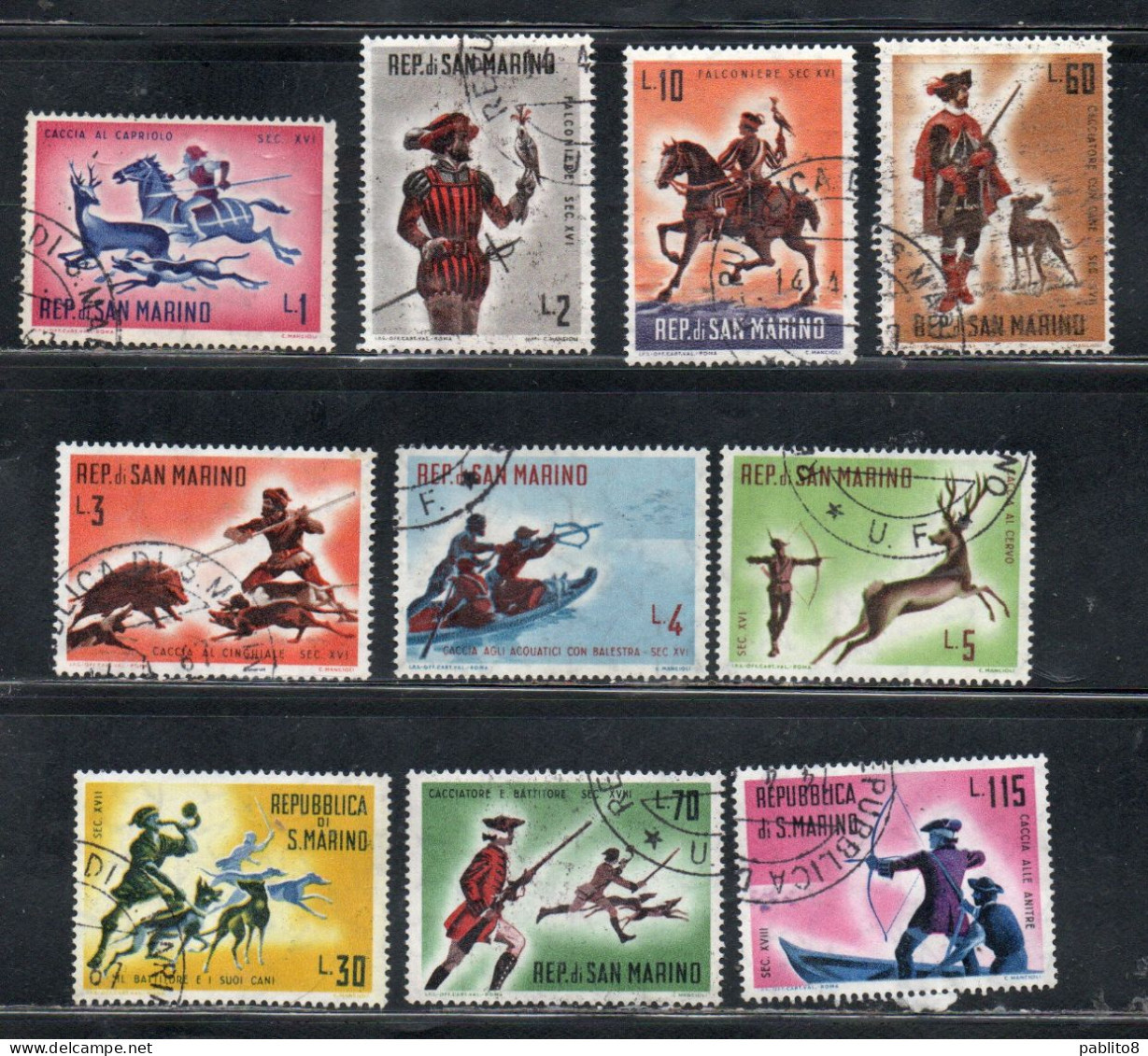 REPUBBLICA DI SAN MARINO 1961 STORIA DELLA CACCIA HISTORY OF THE HUNT SERIE COMPLETA COMPLETE SET USATA USED OBLITERE' - Usados